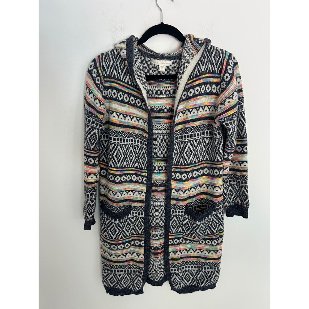 Monteau Los Angeles Hooded Cardigan Sweater XS Multi-Color Fair Isle Duster